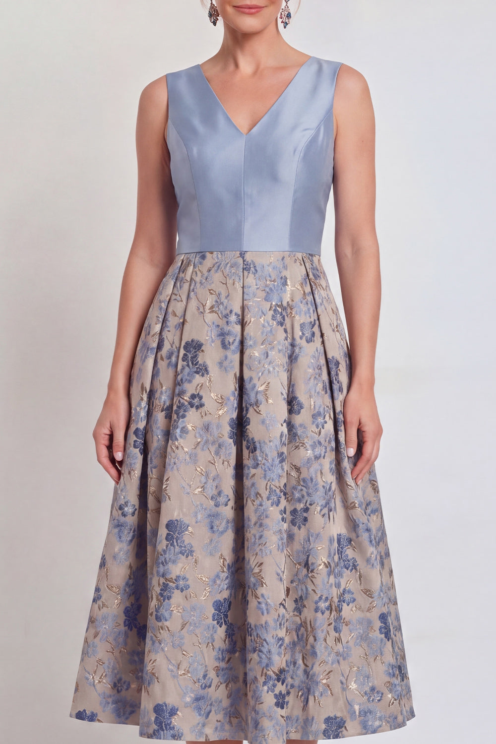 Jacquard Navy Floral A Line Pleated Mother of the Bride Dress
