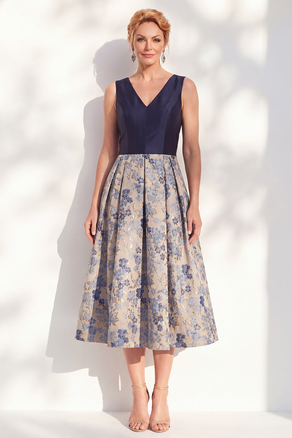 Jacquard Navy Floral A Line Pleated Mother of the Bride Dress