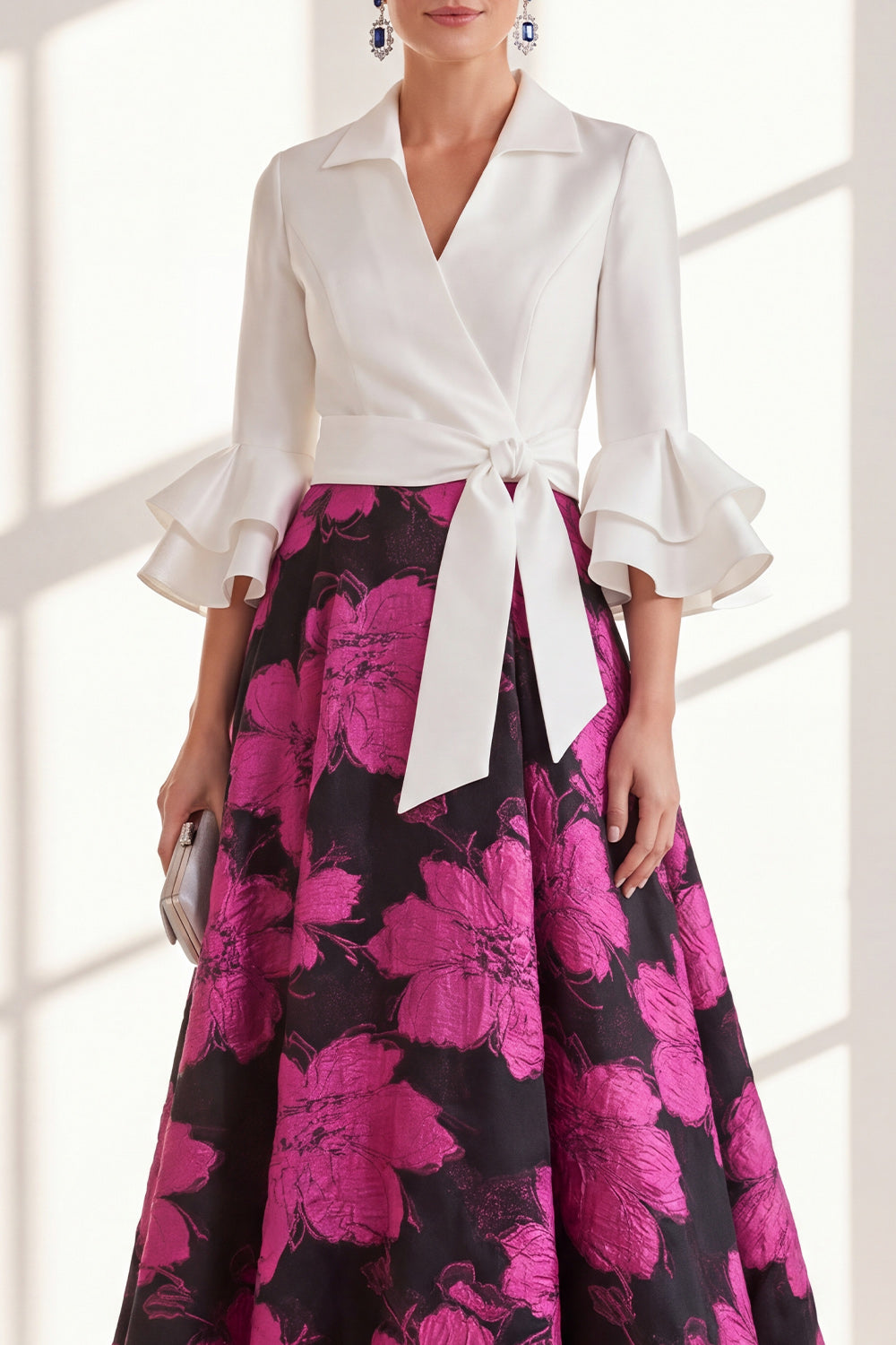 Pink Floral A Line Ruffled Maxi Mother of the Bride Dress with Sash