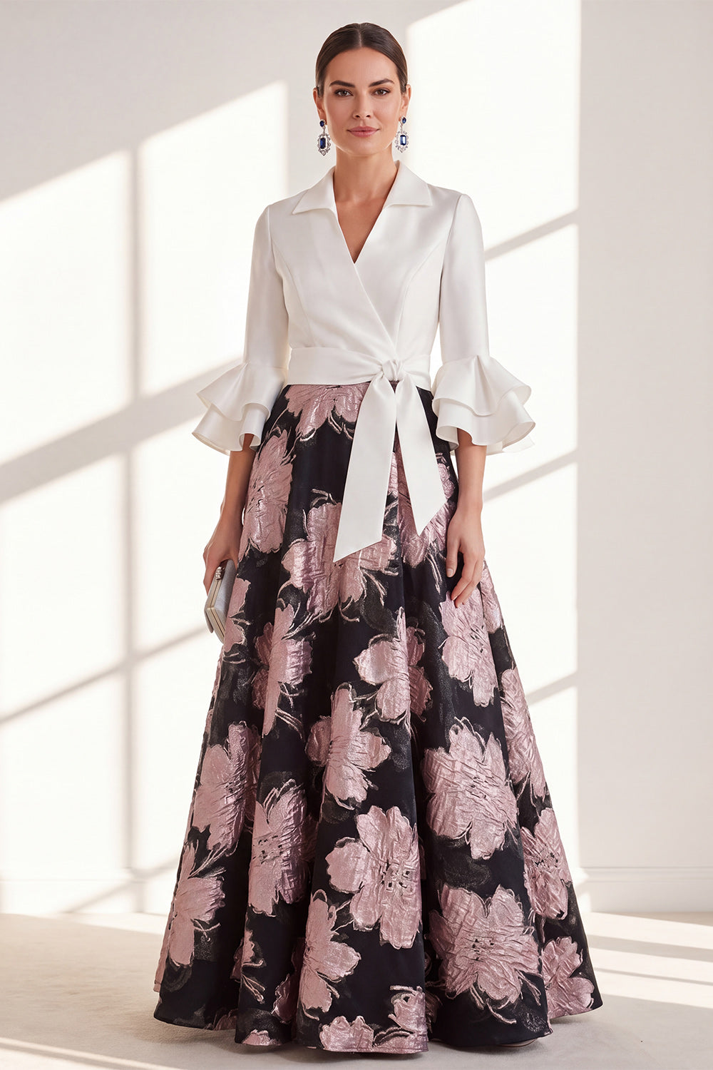 Pink Floral A Line Ruffled Maxi Mother of the Bride Dress with Sash