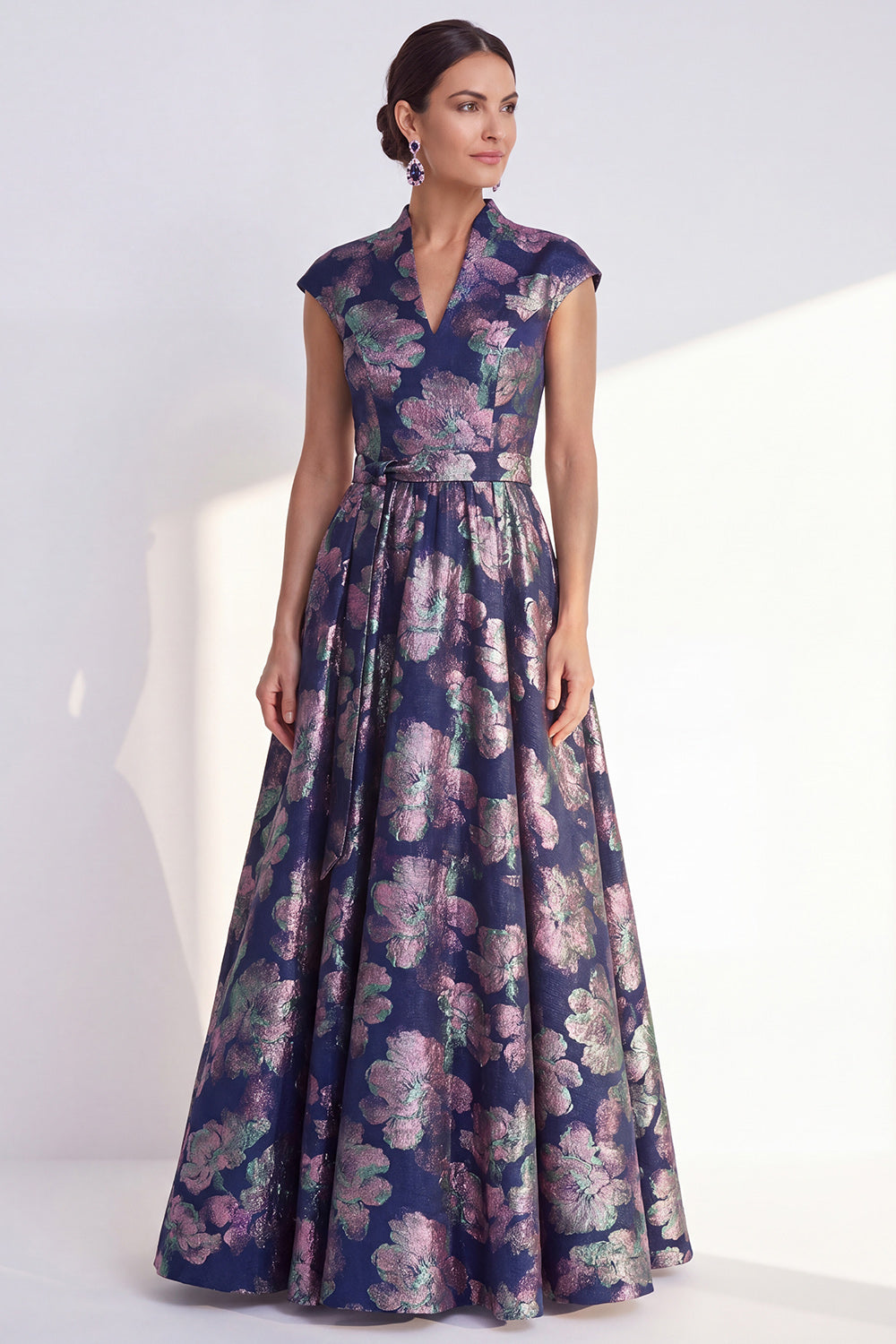 Floral Yellow A Line Maxi Mother of the Bride Dress with Sash