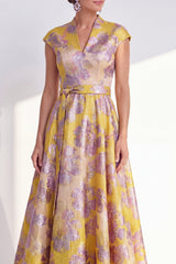 Floral Yellow A Line Maxi Mother of the Bride Dress with Sash