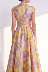 Floral Yellow A Line Maxi Mother of the Bride Dress with Sash