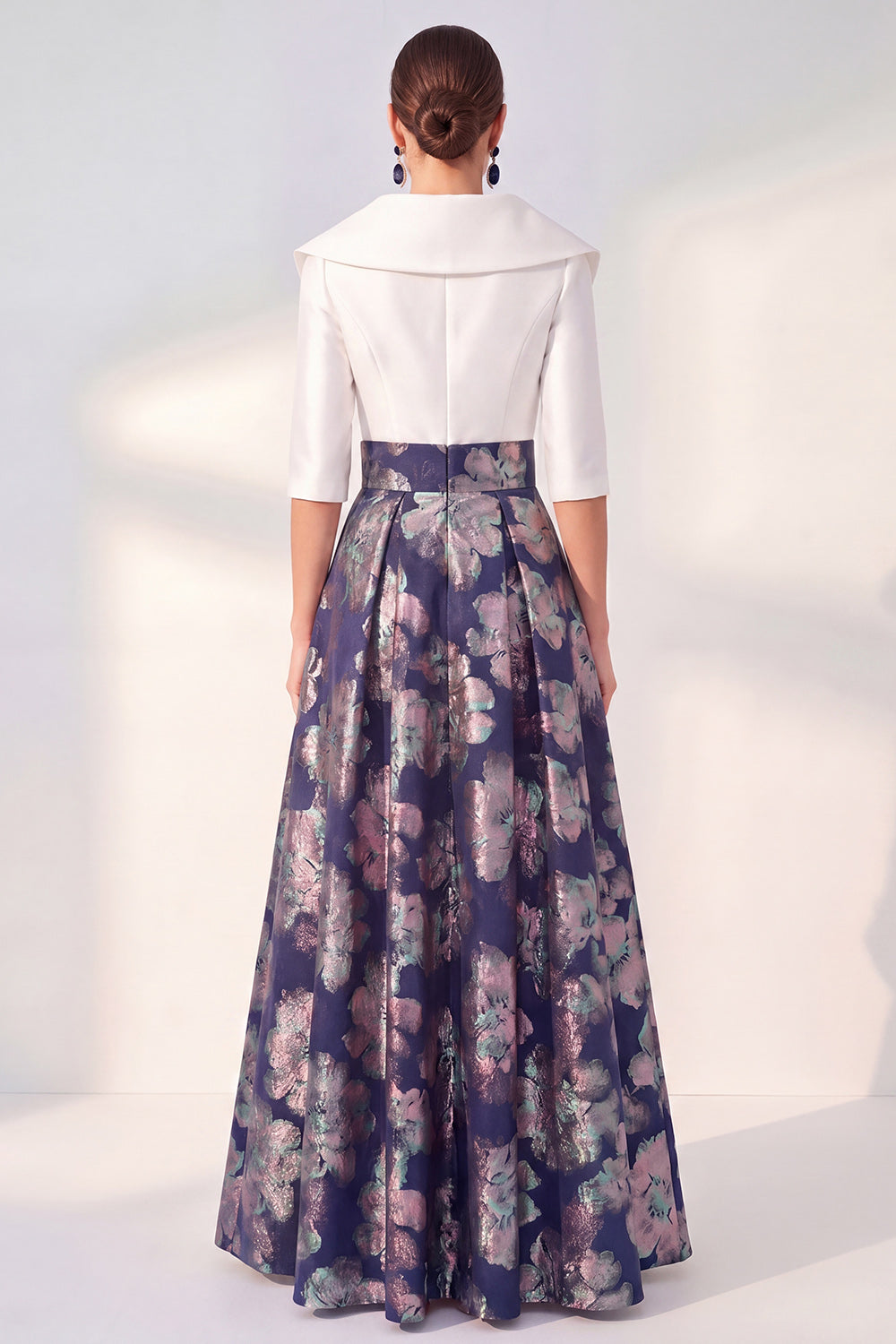 Jacquard Navy Floral Notched Lapel A Line Maxi Mother of the Bride Dress