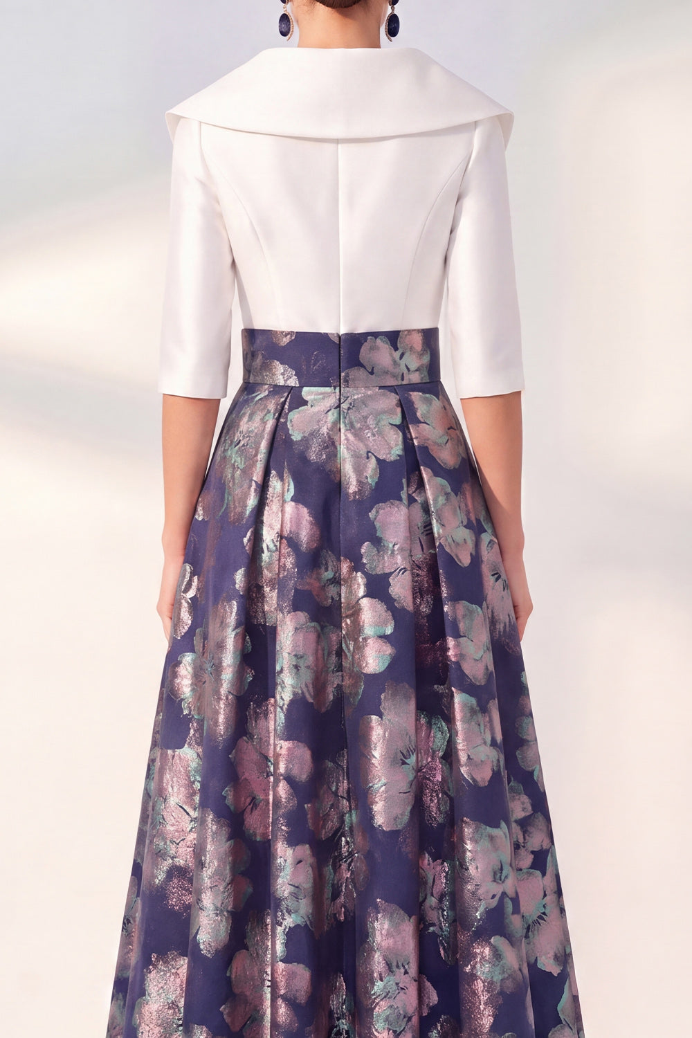 Jacquard Navy Floral Notched Lapel A Line Maxi Mother of the Bride Dress