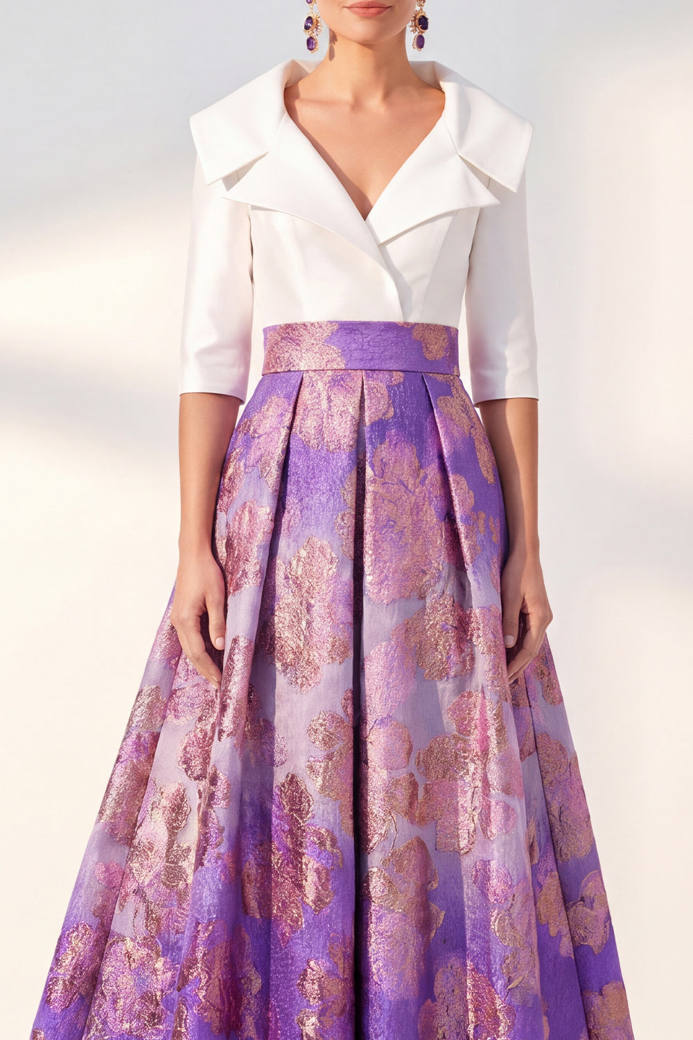Jacquard Navy Floral Notched Lapel A Line Maxi Mother of the Bride Dress