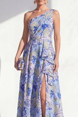 One Shoulder Blue Floral A Line Ruffled Mother of the Bride Dress