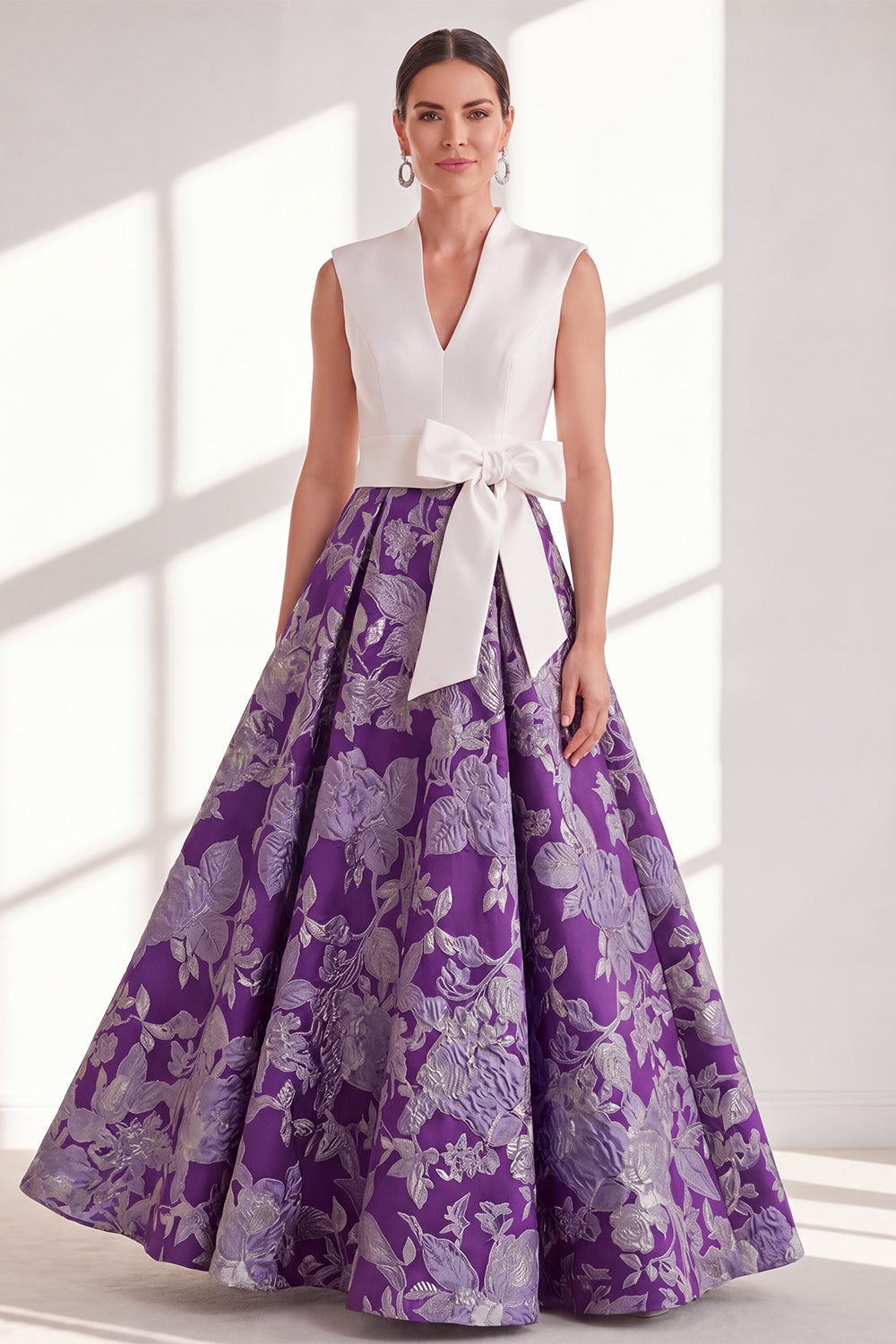 Blue A Line Floral Mother of the Bride Dress with Bow