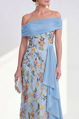 Off the Shoulder Floral Embroidered Blue Maxi Mother of the Bride Dress