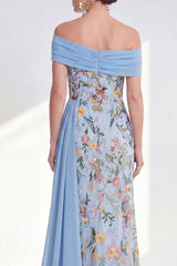 Off the Shoulder Floral Embroidered Blue Maxi Mother of the Bride Dress