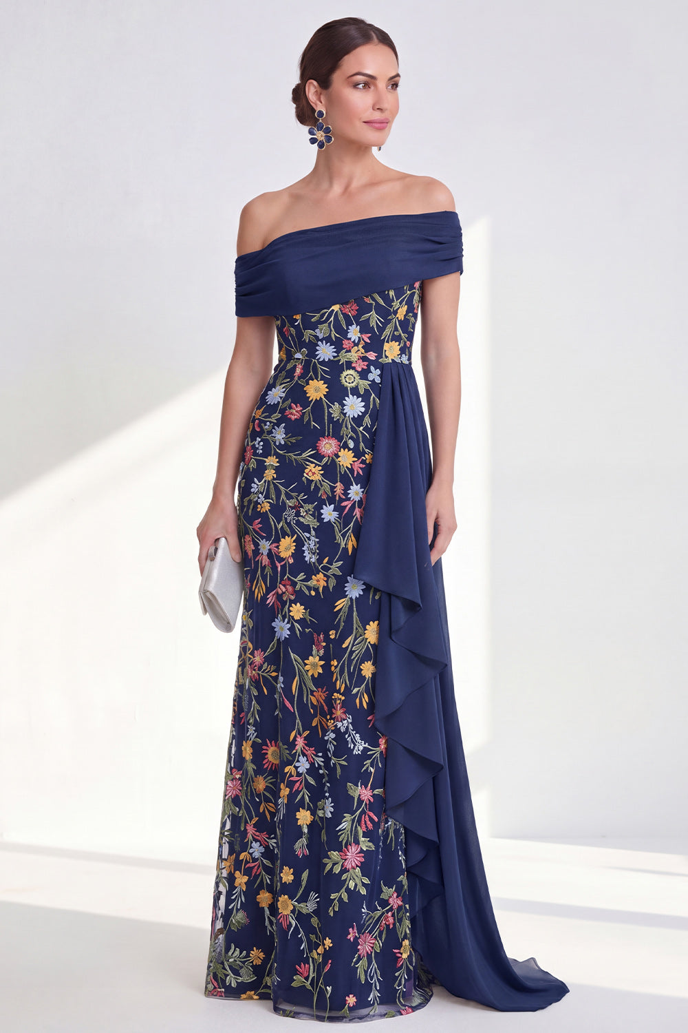 Off the Shoulder Floral Embroidered Blue Maxi Mother of the Bride Dress