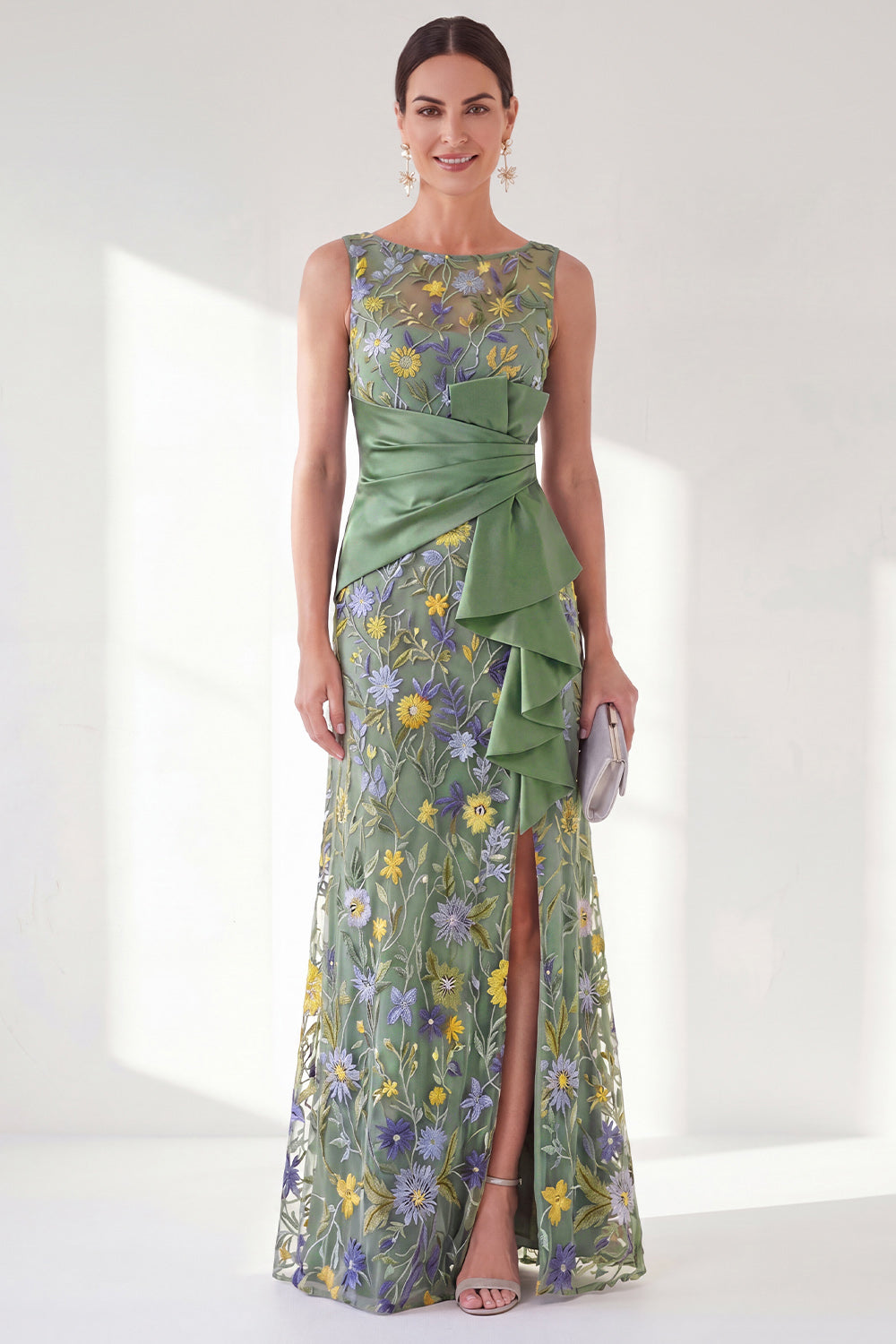 Navy Floral Embroidered Mermaid Ruched Mother of the Bride Dress