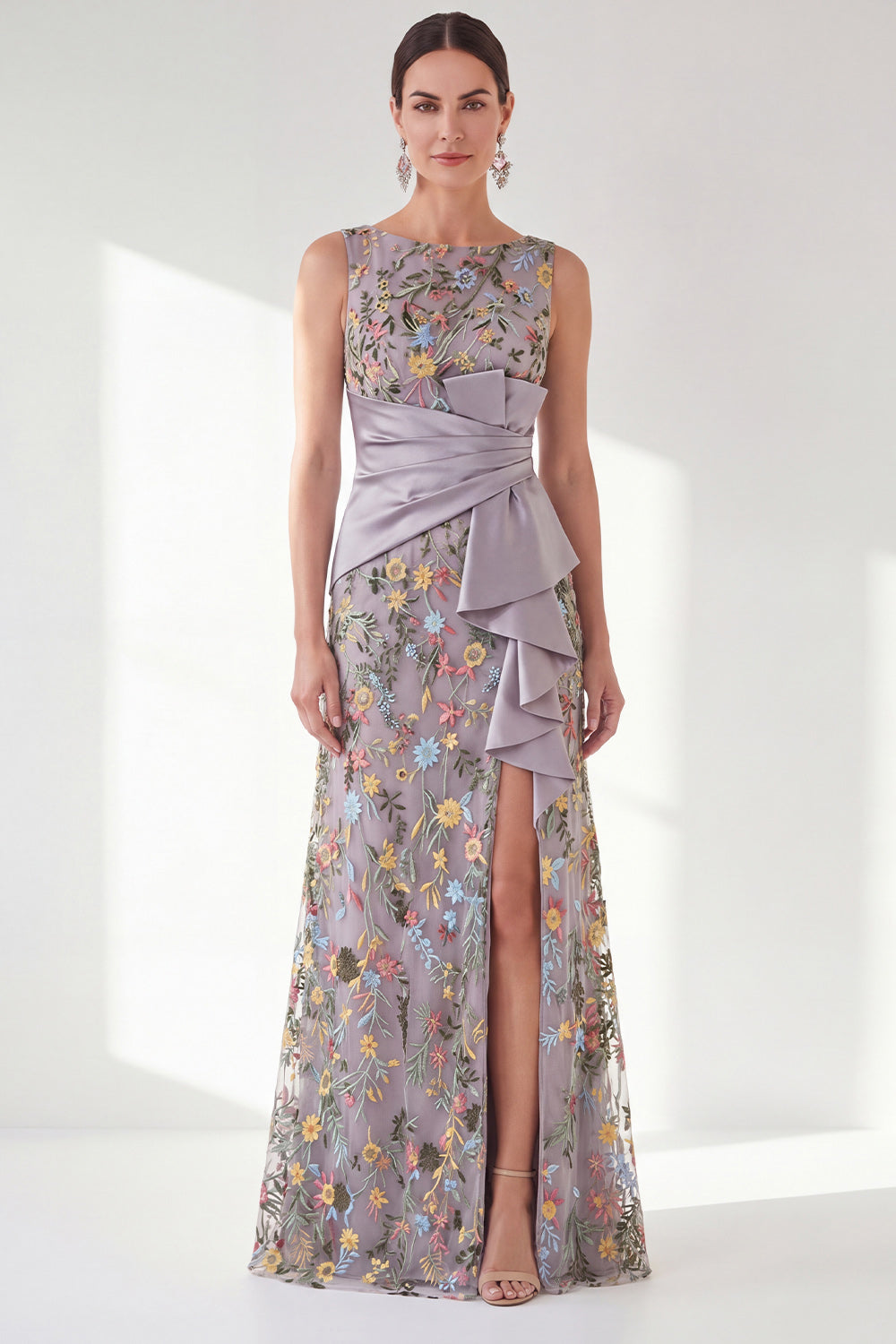 Navy Floral Embroidered Mermaid Ruched Mother of the Bride Dress