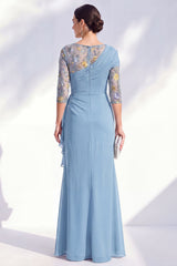 Mermaid Ruched Embroidered Blue Maxi Mother of the Bride Dress