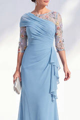 Mermaid Ruched Embroidered Blue Maxi Mother of the Bride Dress
