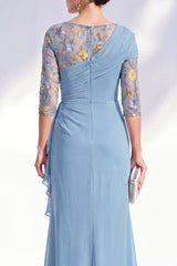 Mermaid Ruched Embroidered Blue Maxi Mother of the Bride Dress