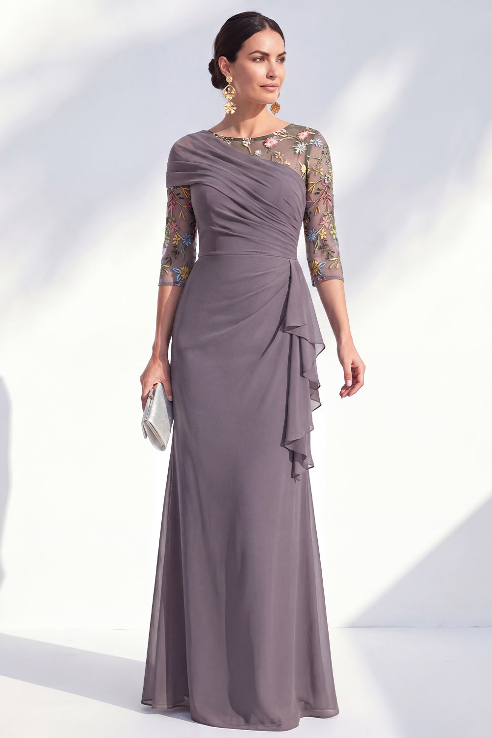 Mermaid Ruched Embroidered Blue Maxi Mother of the Bride Dress