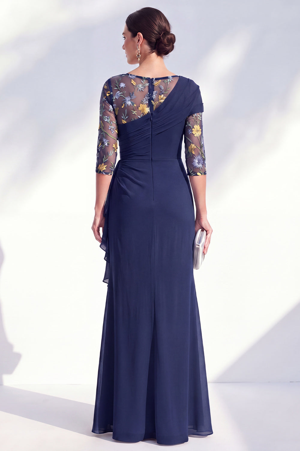 Mermaid Ruched Embroidered Blue Maxi Mother of the Bride Dress