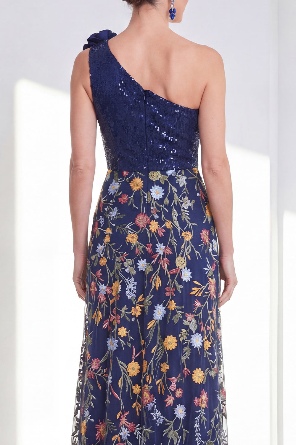 One Shoulder Navy 3D Flower Sequin Maxi Mother of the Bride Dress