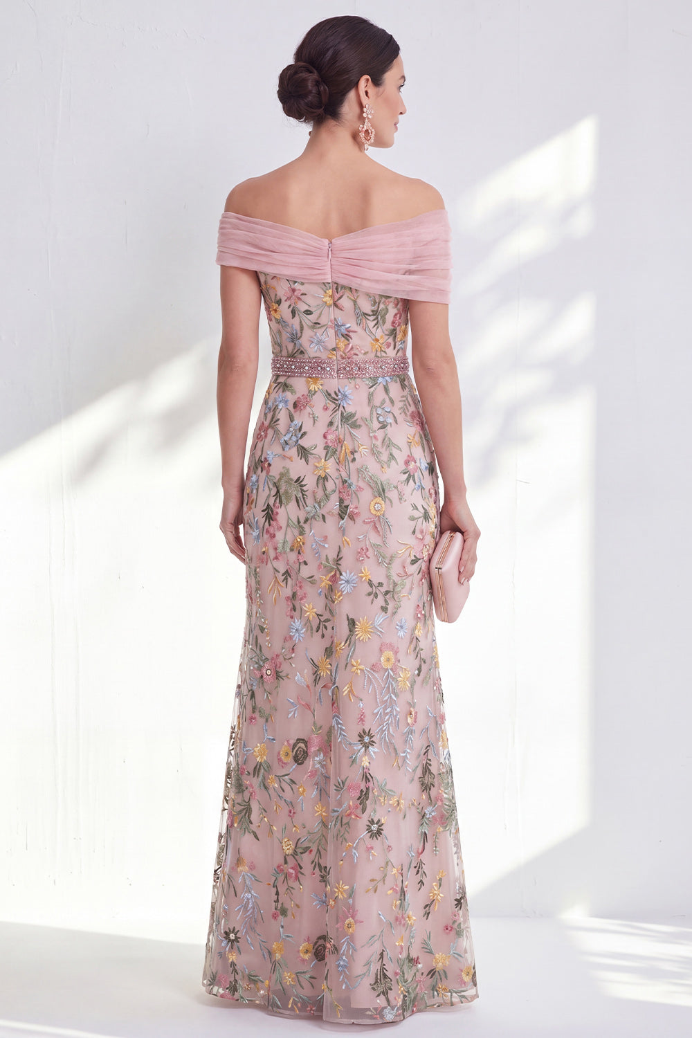 Off the Shoulder Ruched Embroidered Blue A Line Mother of the Bride Dress