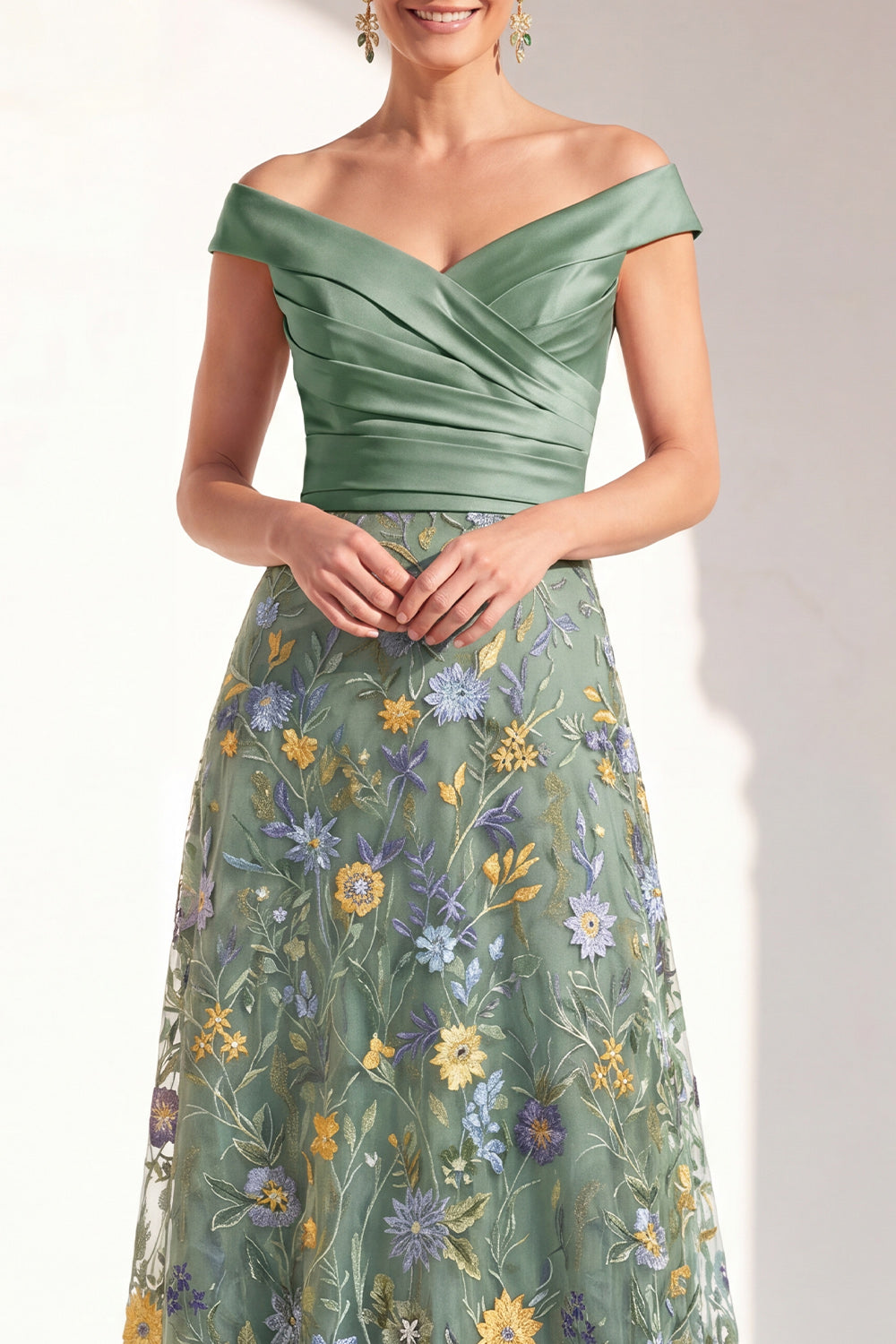 Off the Shoulder Ruched Floral Blush A Line Mother of the Bride Dress