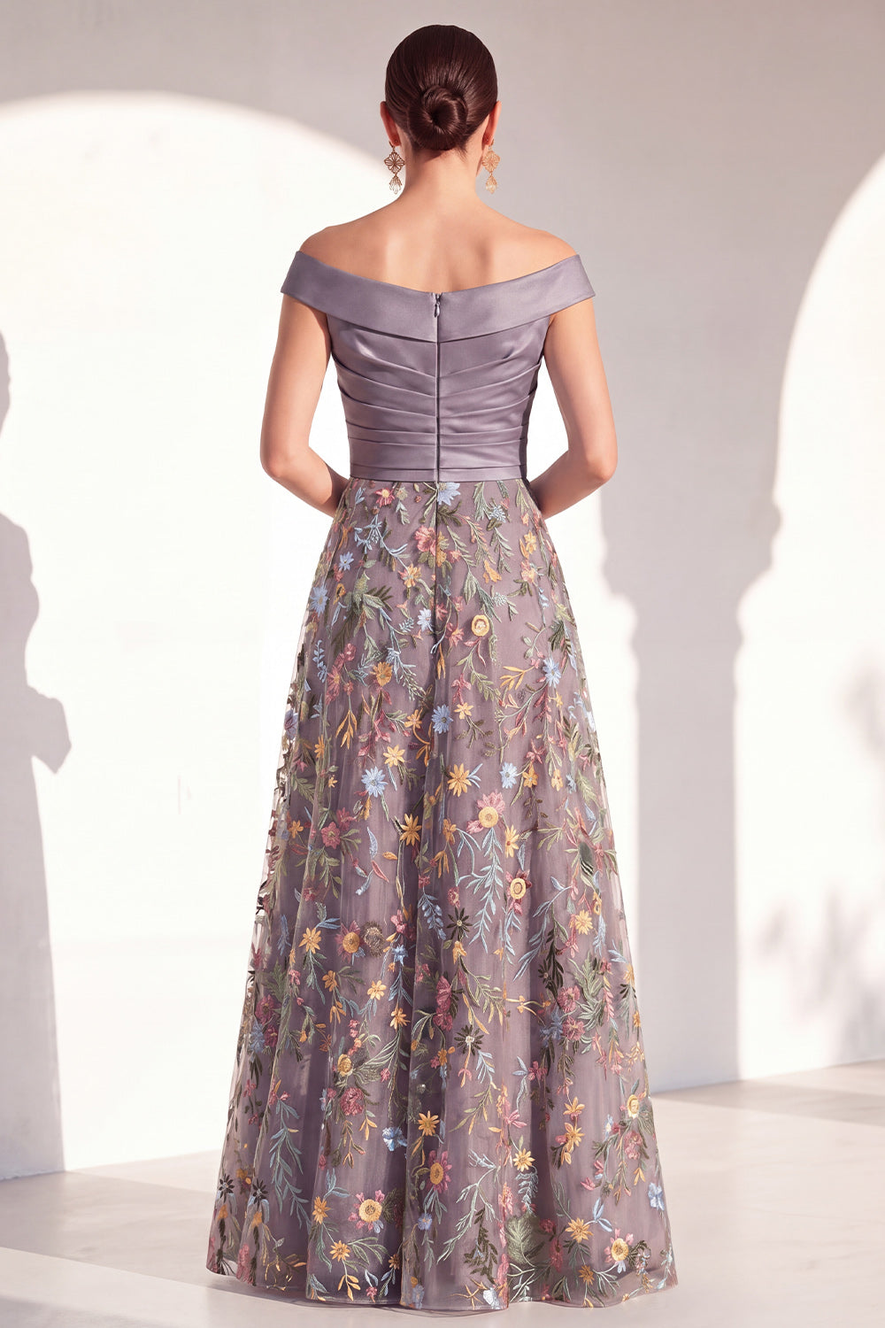 Off the Shoulder Ruched Floral Blush A Line Mother of the Bride Dress