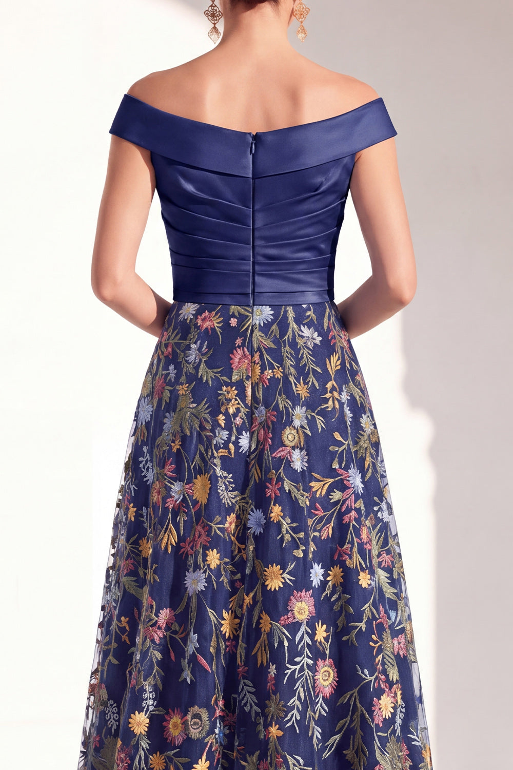 Off the Shoulder Ruched Floral Blush A Line Mother of the Bride Dress