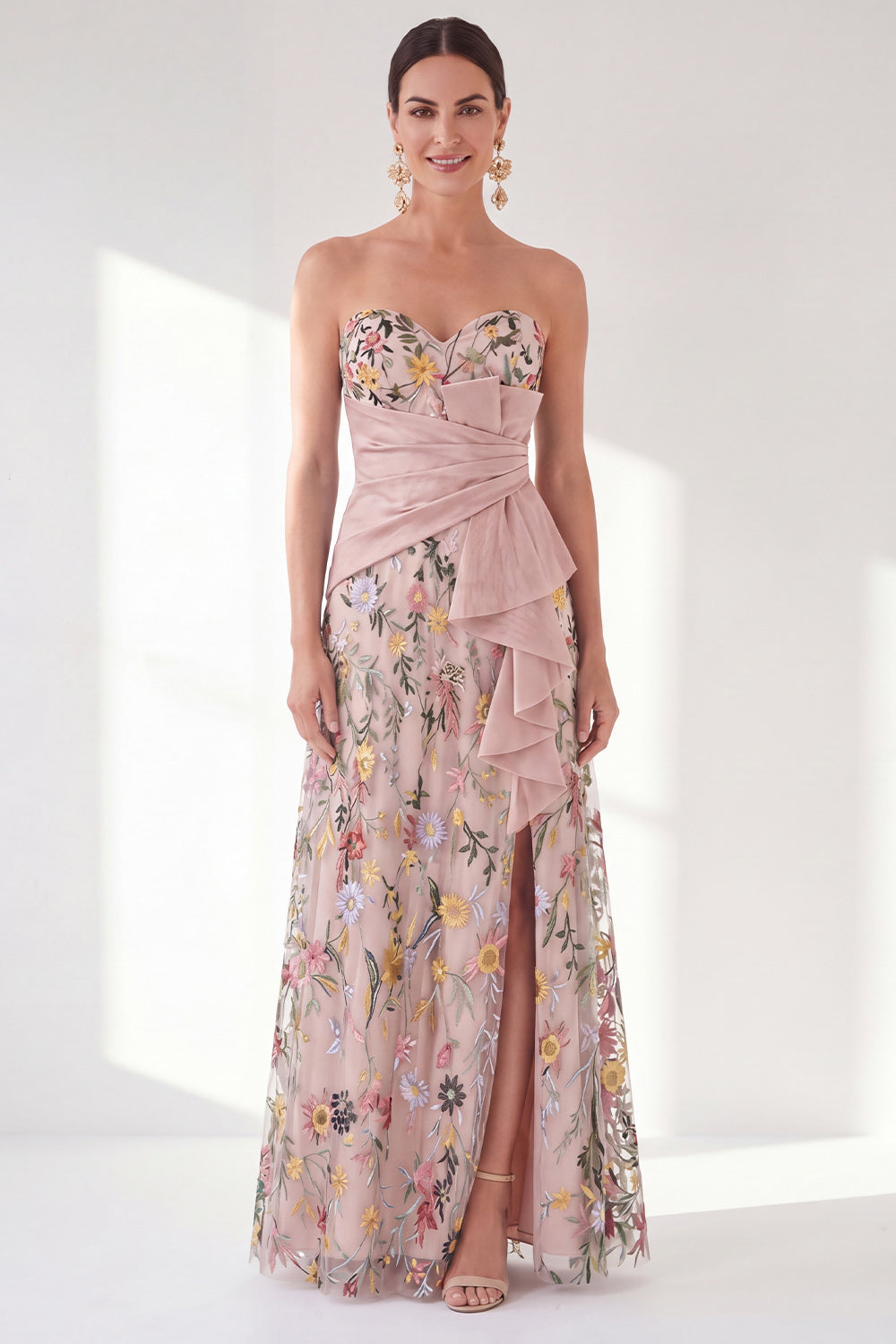 Strapless Blue Floral A Line Ruffled Maxi Mother of the Bride Dress