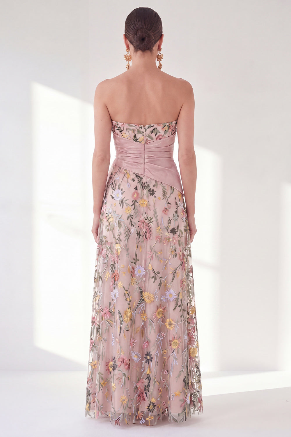 Strapless Blue Floral A Line Ruffled Maxi Mother of the Bride Dress