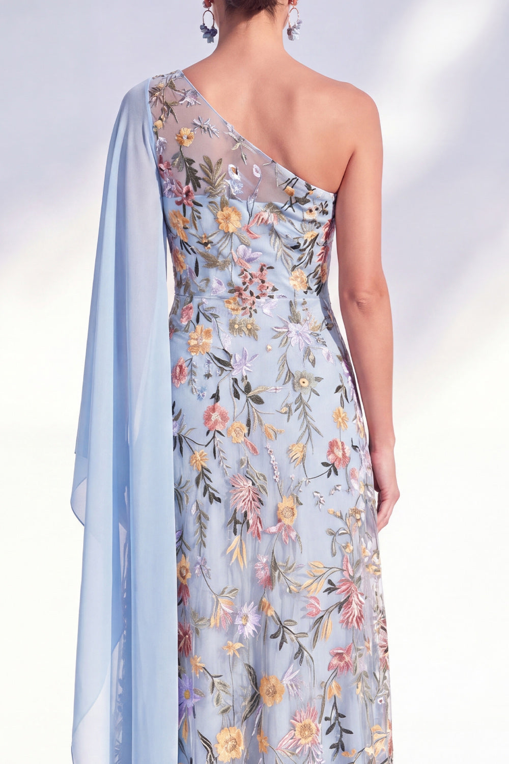 One Shoulder Blue Floral A Line Maxi Mother of the Bride Dress