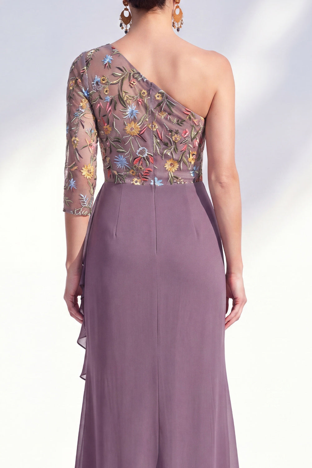 Mermaid Grey Purple One Shoulder Floral Ruffled Mother of the Bride Dress