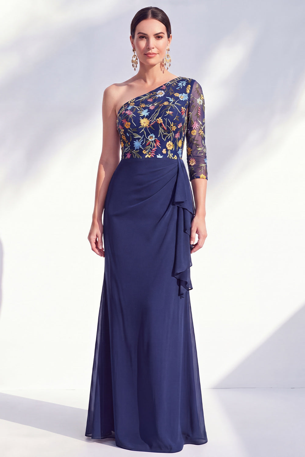 Mermaid Grey Purple One Shoulder Floral Ruffled Mother of the Bride Dress