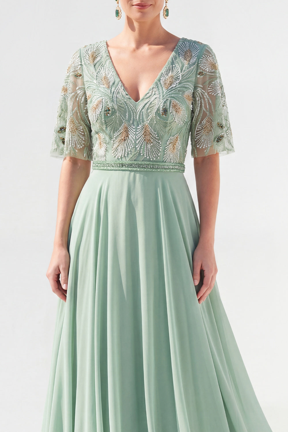 Green Half Sleeve A Line Maxi Mother of the Bride Dress