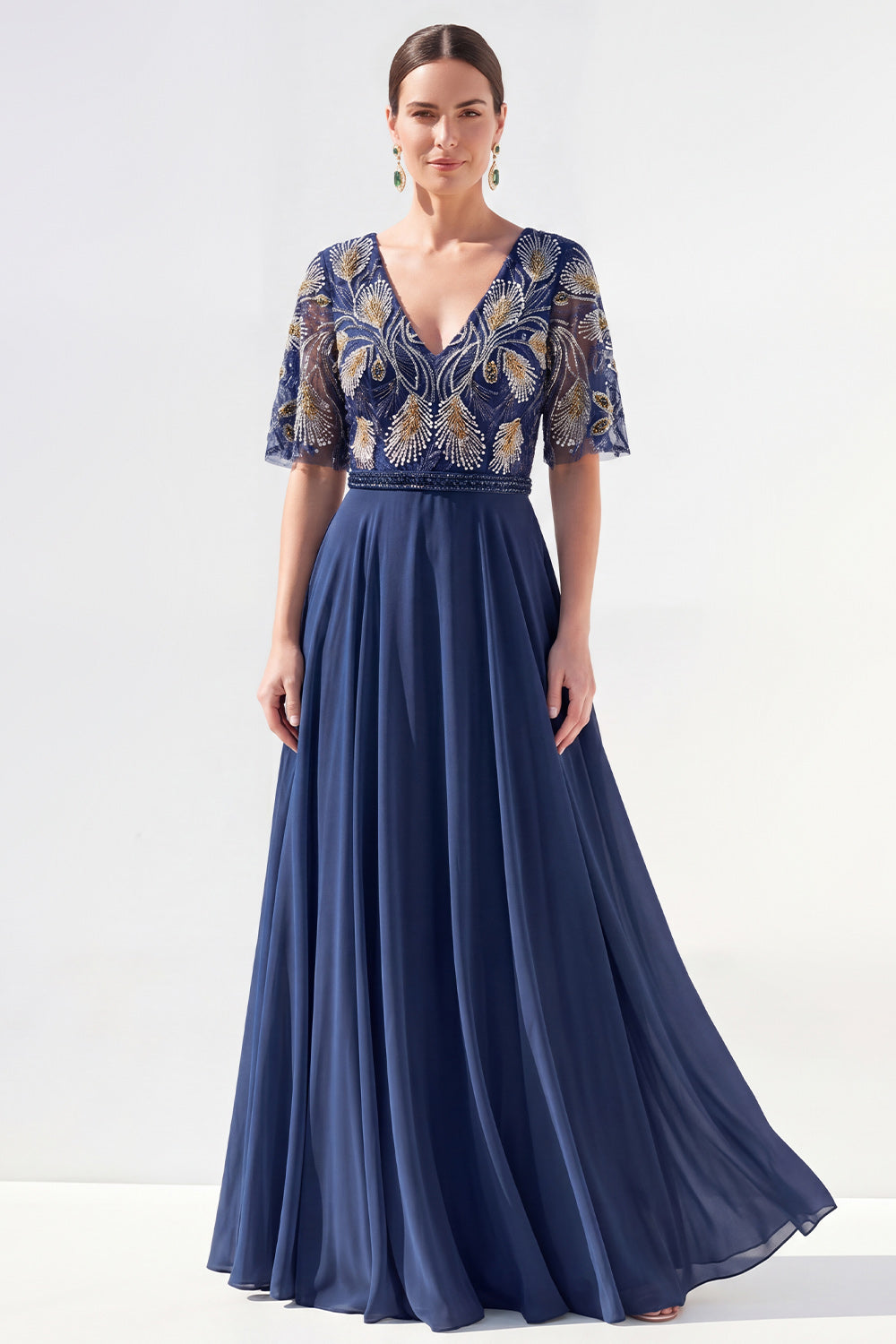 Green Half Sleeve A Line Maxi Mother of the Bride Dress
