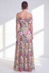 Off the Shoulder High Low Floral A Line Light Khaki Mother of the Bride Dress