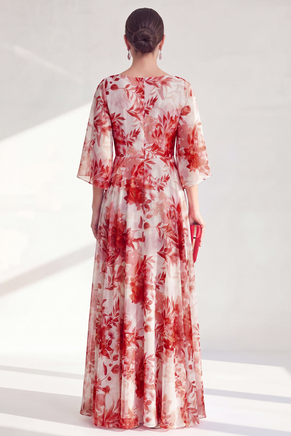 Blue Printed A Line Maxi Mother of the Bride Dress with 3/4 Sleeves