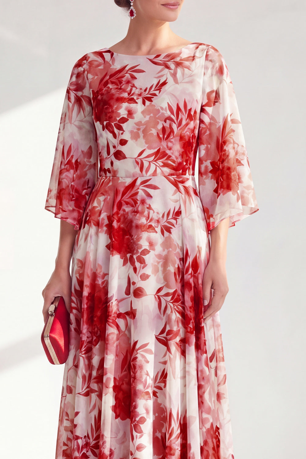 Blue Printed A Line Maxi Mother of the Bride Dress with 3/4 Sleeves