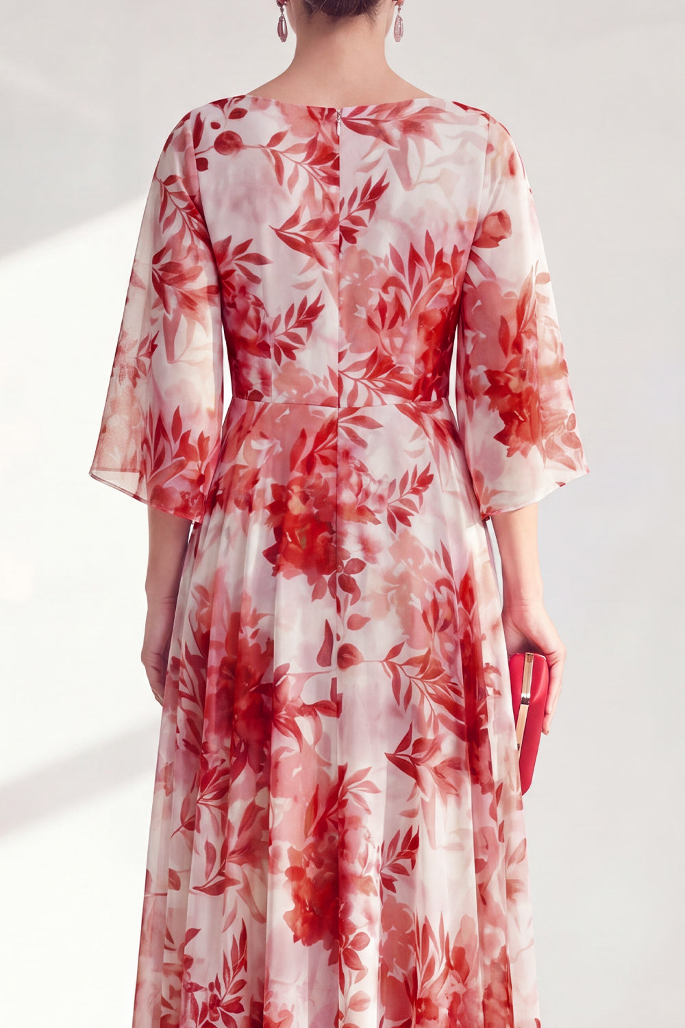 Blue Printed A Line Maxi Mother of the Bride Dress with 3/4 Sleeves