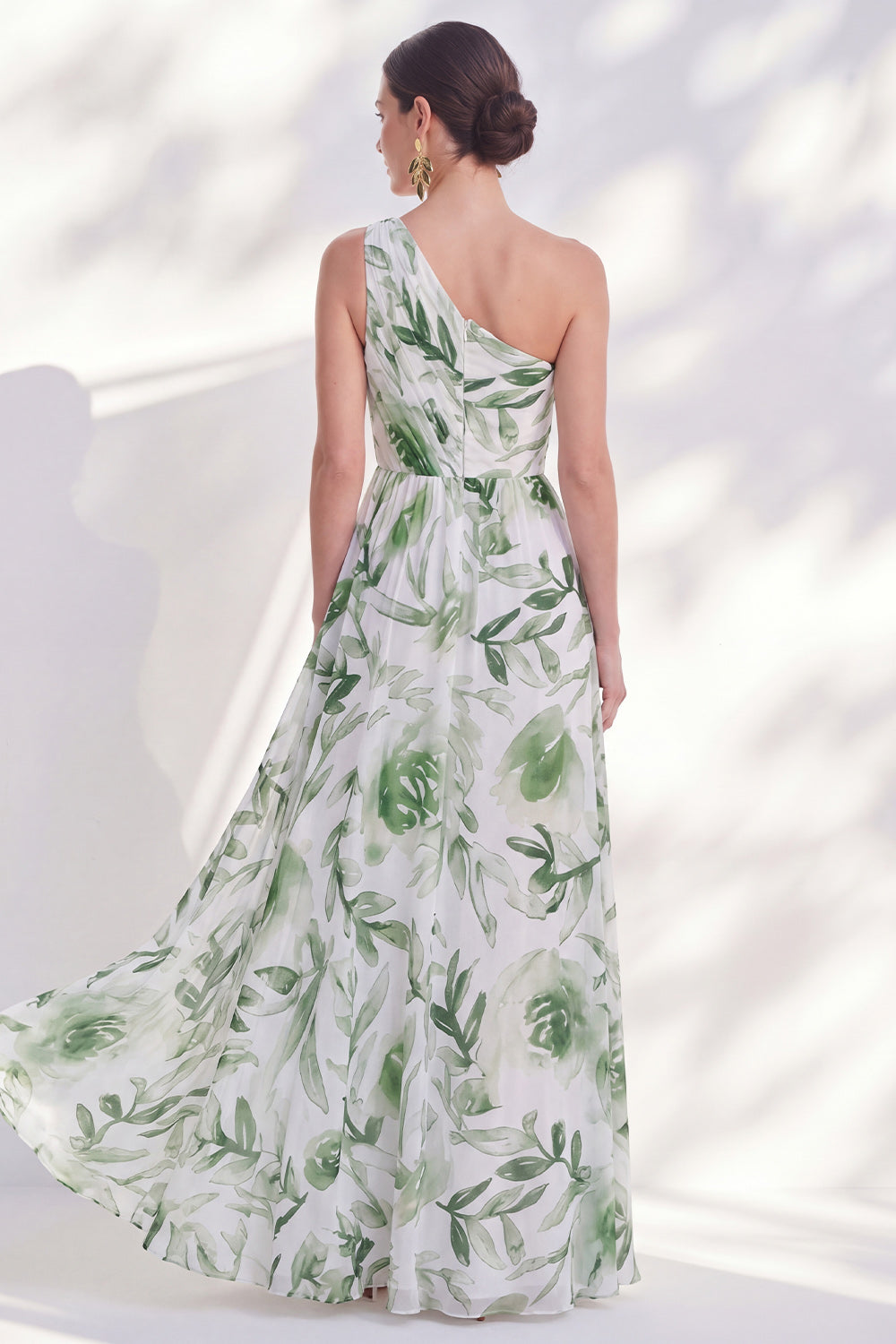 Green One Shoulder Printed Ruched A Line Mother of the Bride Dress