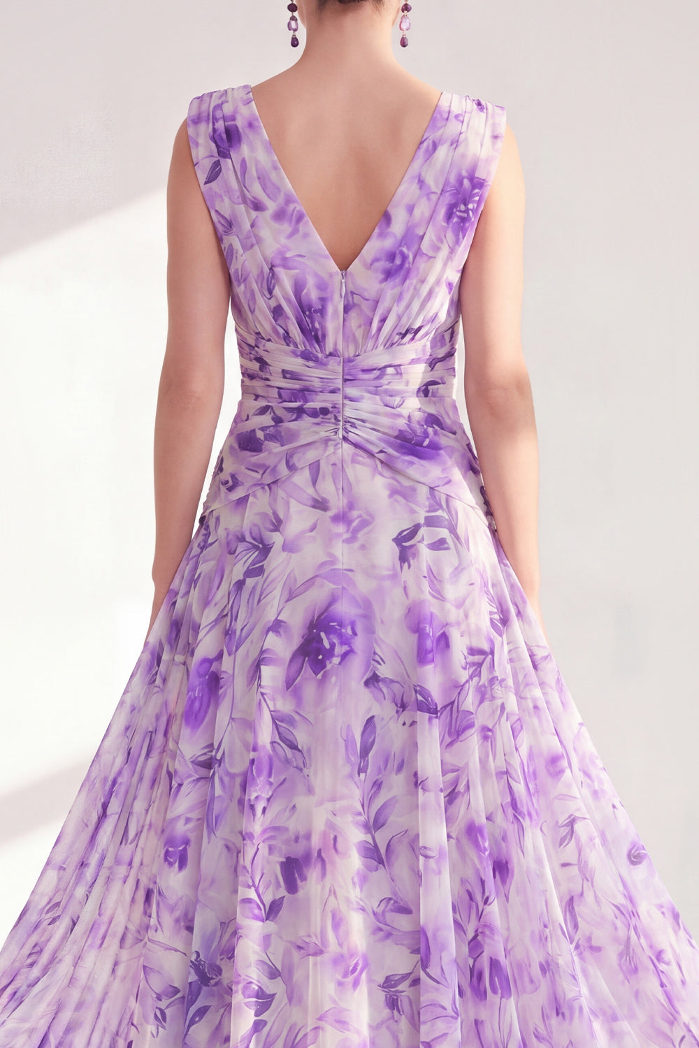 Printed Purple Ruched A Line Maxi Mother of the Bride Dress