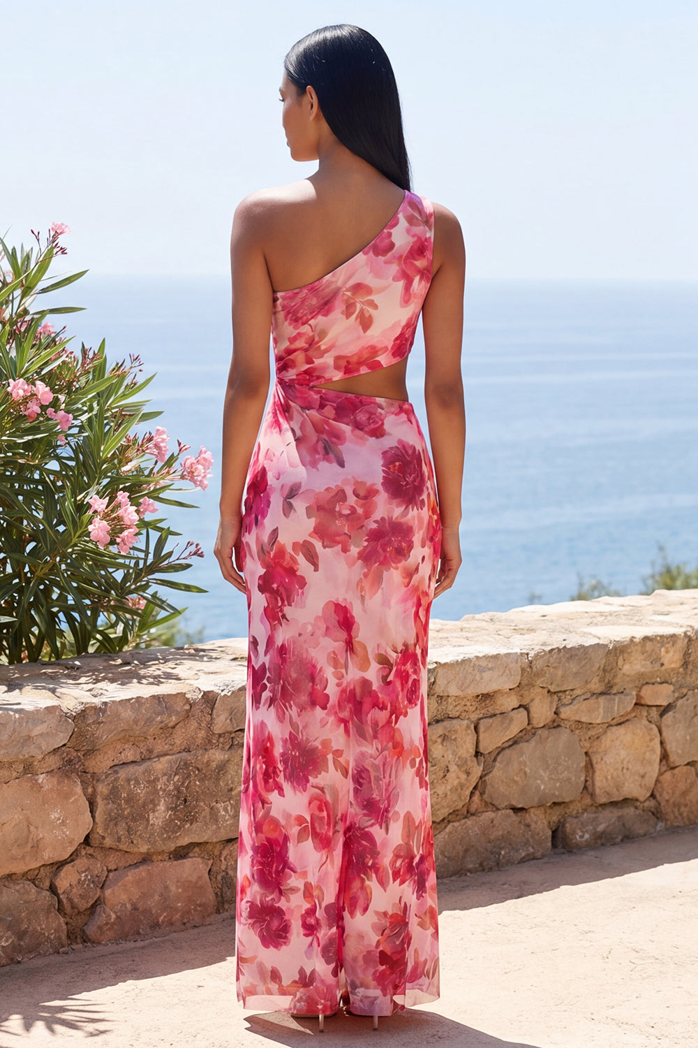 One Shoulder Cut Out Floral Pink Wedding Guest Dress