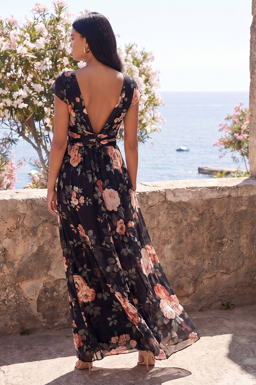 Floral Black V-Neck Wedding Guest Dress with Twist Front