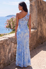 One Shoulder Blue Floral Mermaid Wedding Guest Dress