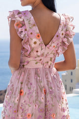 Floral Pink Appliqued V-Neck A Line Midi Wedding Guest Dress