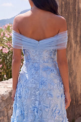 Off the Shoulder Blue Floral A Line Wedding Guest Dress