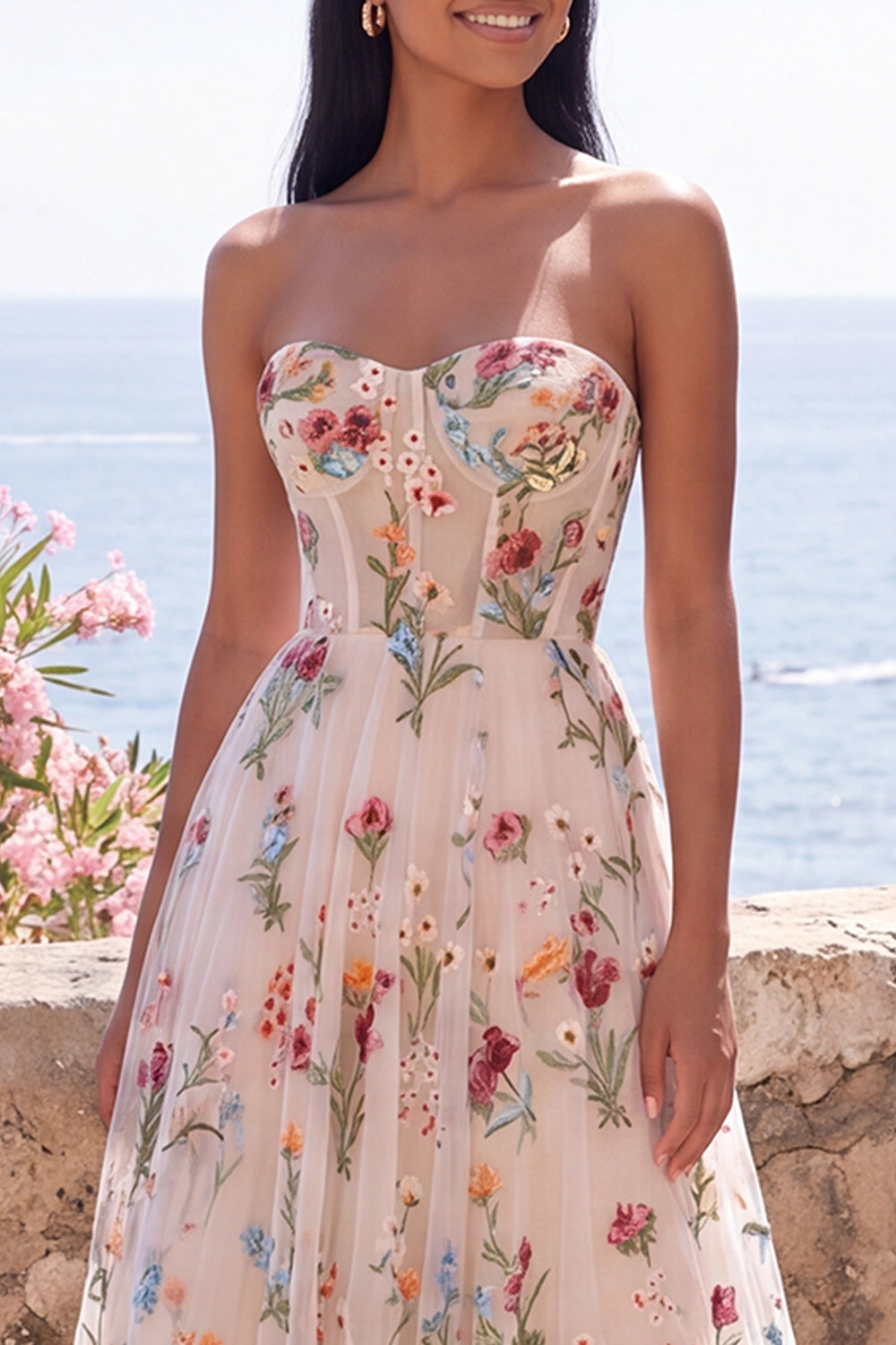 Ivory Floral Embroidered Corset Sweetheart Wedding Guest Dress