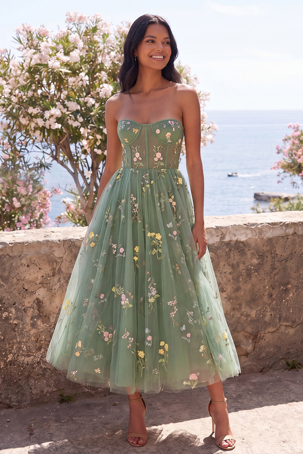 Strapless Dusty Sage A Line Embroidered Floral Midi Dress