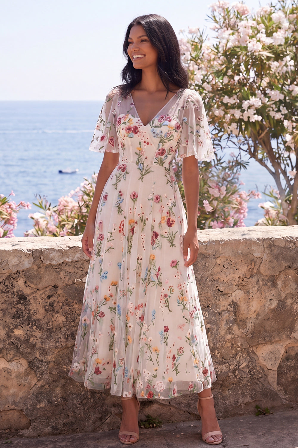 Floral V-Neck Embroidered Ivory A Line Midi Dress