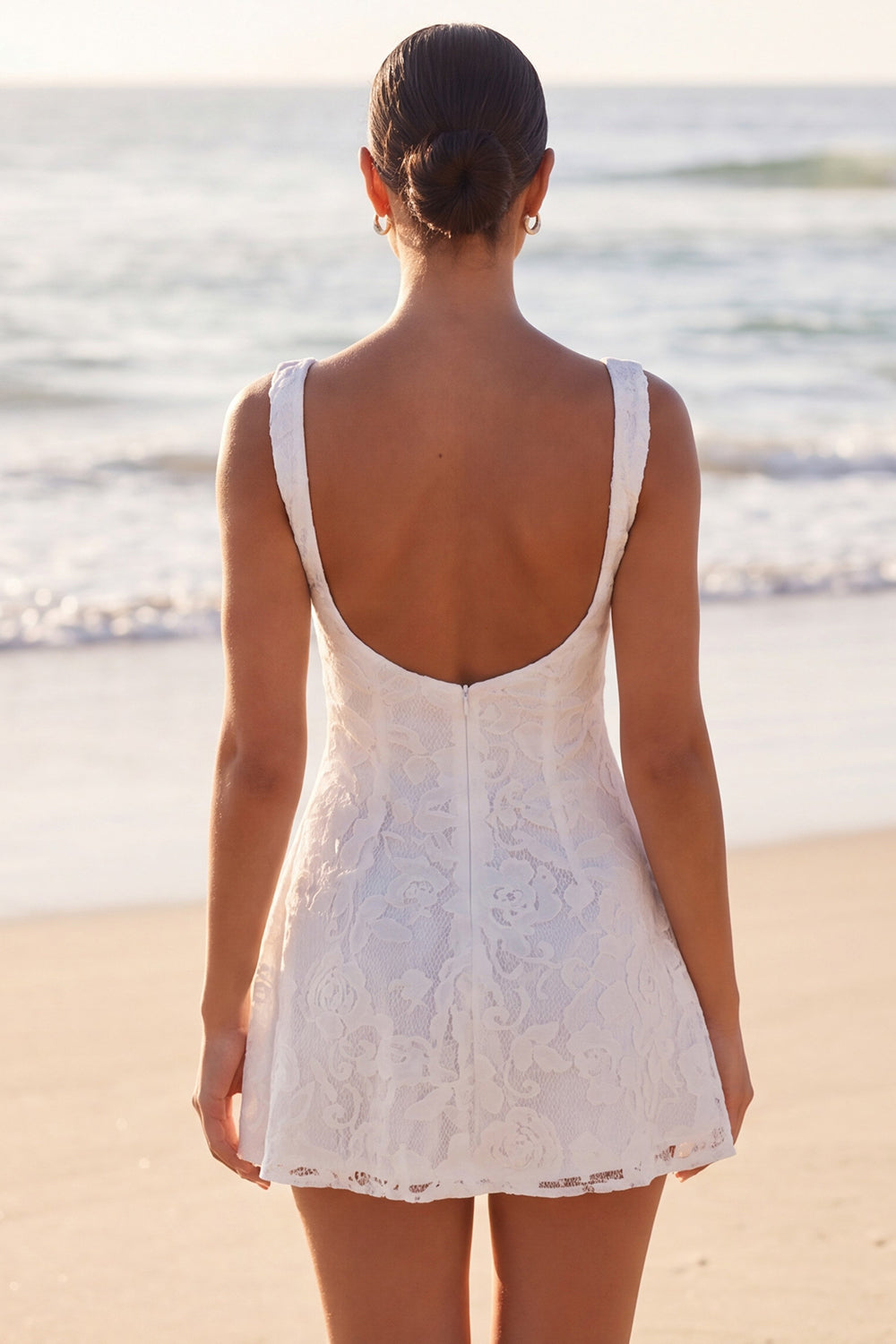 Floral A Line Bateau Neck Mini White Dress