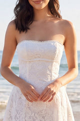 Strapless Floral A Line Mini White Dress with Pearls